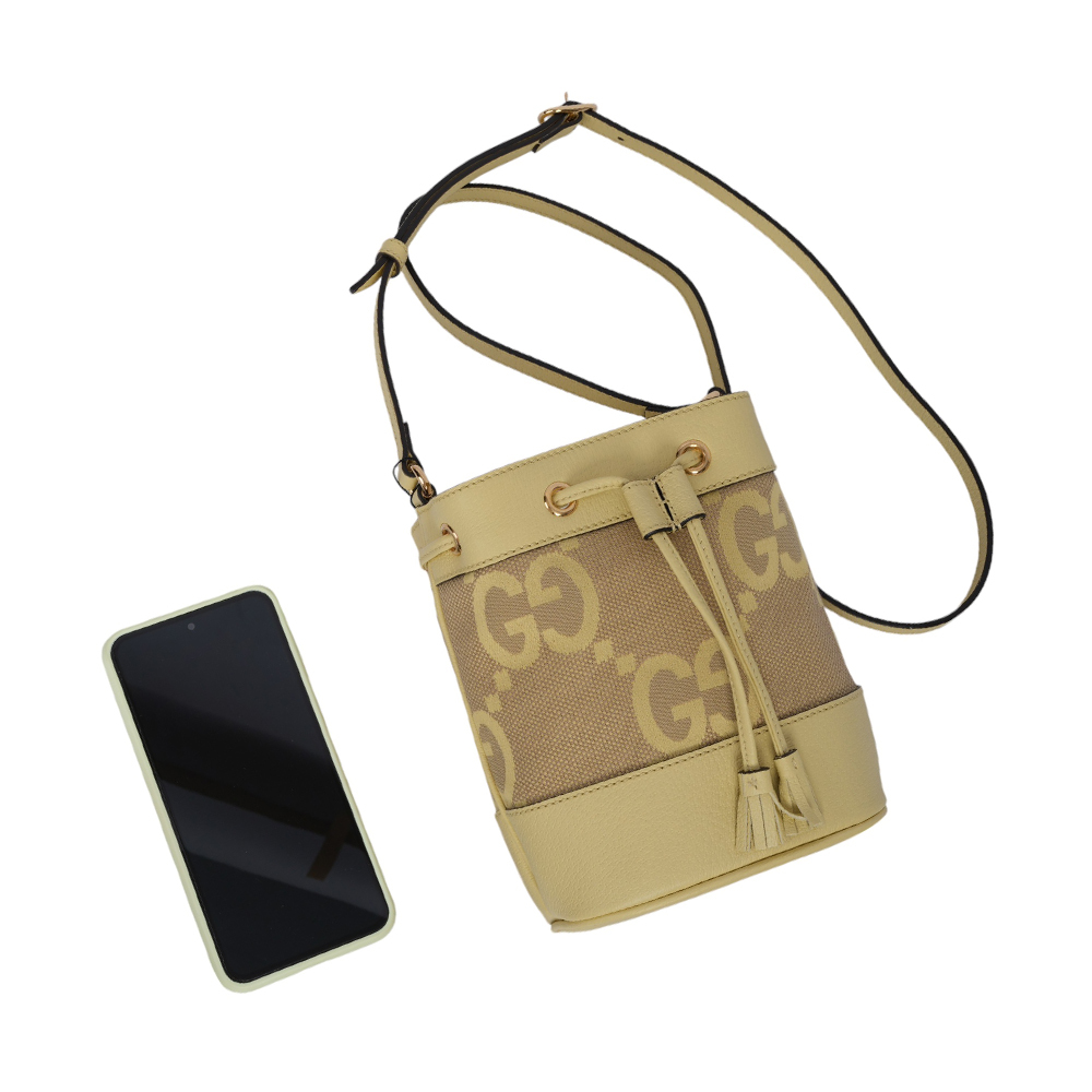 【GUCCI】Jumbo GG Logo Ophidia 水桶斜背包(Mini)(駝色/香蕉黃)550620 UKMBG 8480