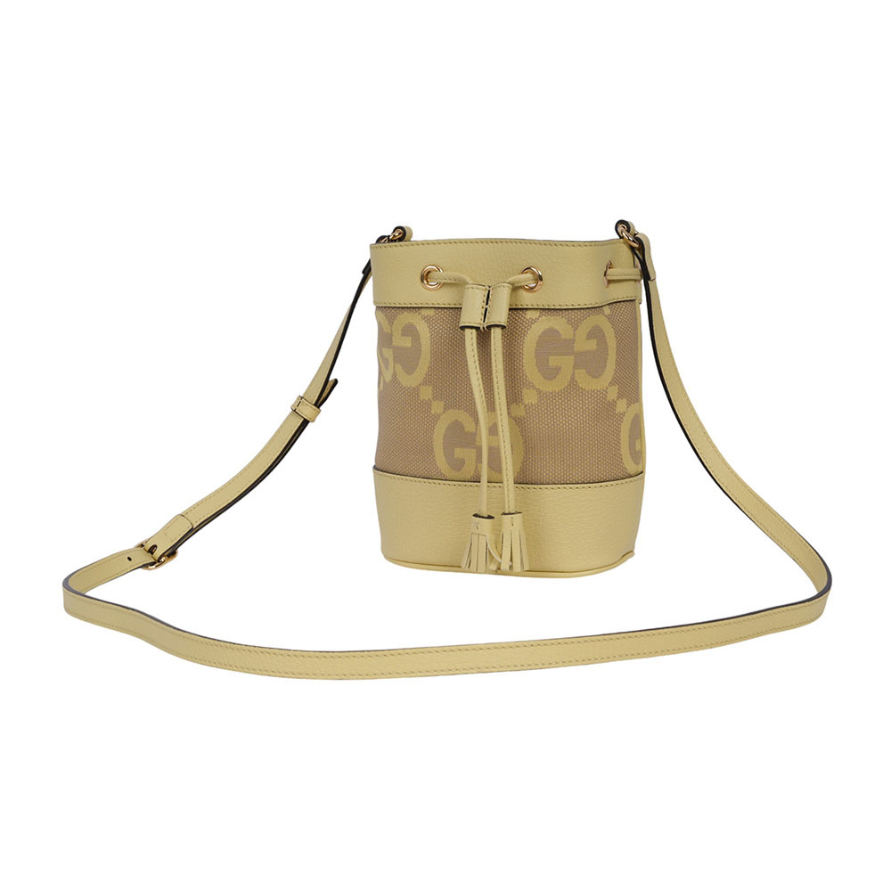 【GUCCI】Jumbo GG Logo Ophidia 水桶斜背包(Mini)(駝色/香蕉黃)550620 UKMBG 8480