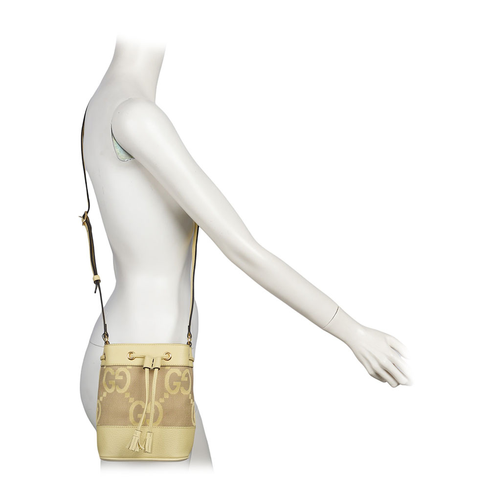 【GUCCI】Jumbo GG Logo Ophidia 水桶斜背包(Mini)(駝色/香蕉黃)550620 UKMBG 8480