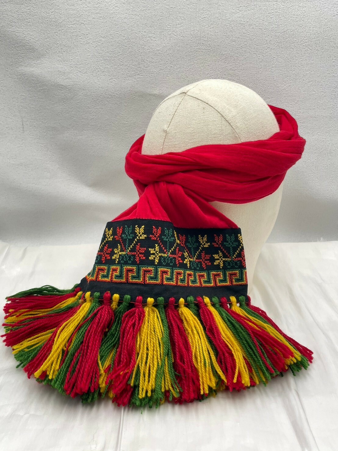 No.19紅棉紗布電繡頭巾.面寬約17全長含流蘇220