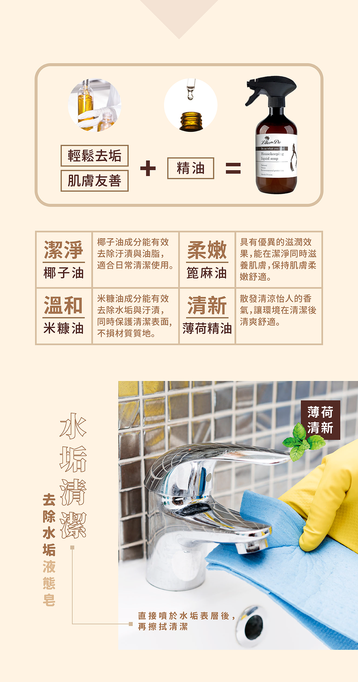 【水垢專用家事液態皂】椰子油:有效潔淨,去除油漬與髒汙。蓖麻油:潔淨同時滋養肌膚,保持肌膚柔嫩舒適。米糠油:有效去除水垢與汙漬,同時保護清潔表面。薄荷精油:散發清涼怡人的香氣,讓環境在清潔後清爽舒適。