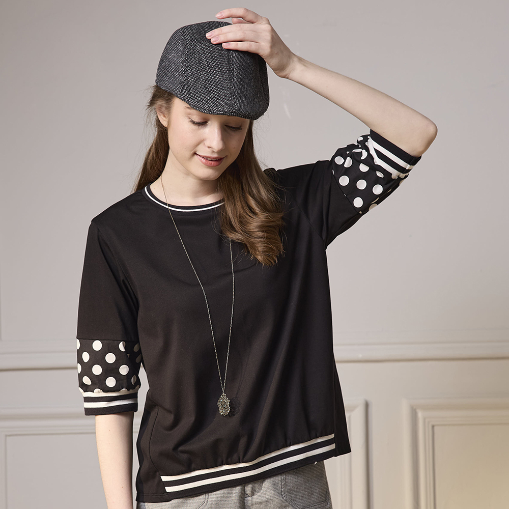 PIPPY 低調微落肩袖長剪接圓領上衣  黑