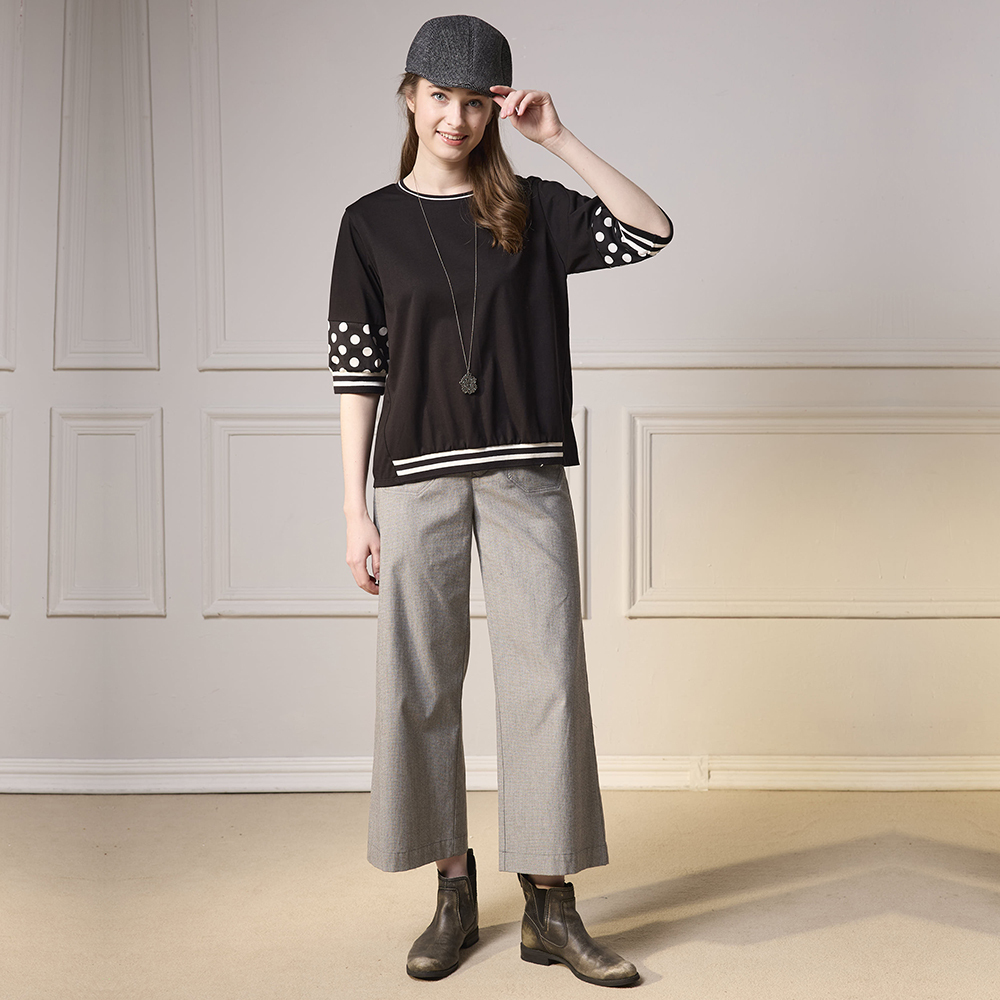 PIPPY 低調微落肩袖長剪接圓領上衣  黑