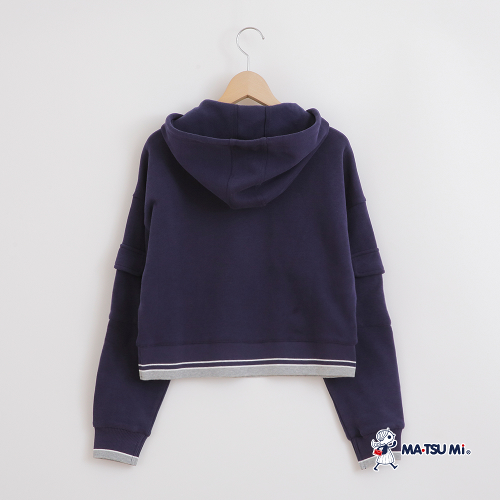 MA‧TSU Mi 跳色休閒手袖口袋連帽棉上衣(紅.深藍)