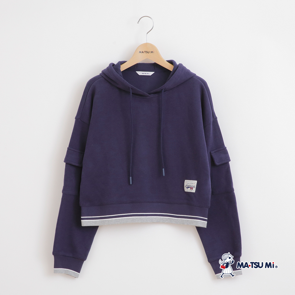 MA‧TSU Mi 跳色休閒手袖口袋連帽棉上衣(紅.深藍)