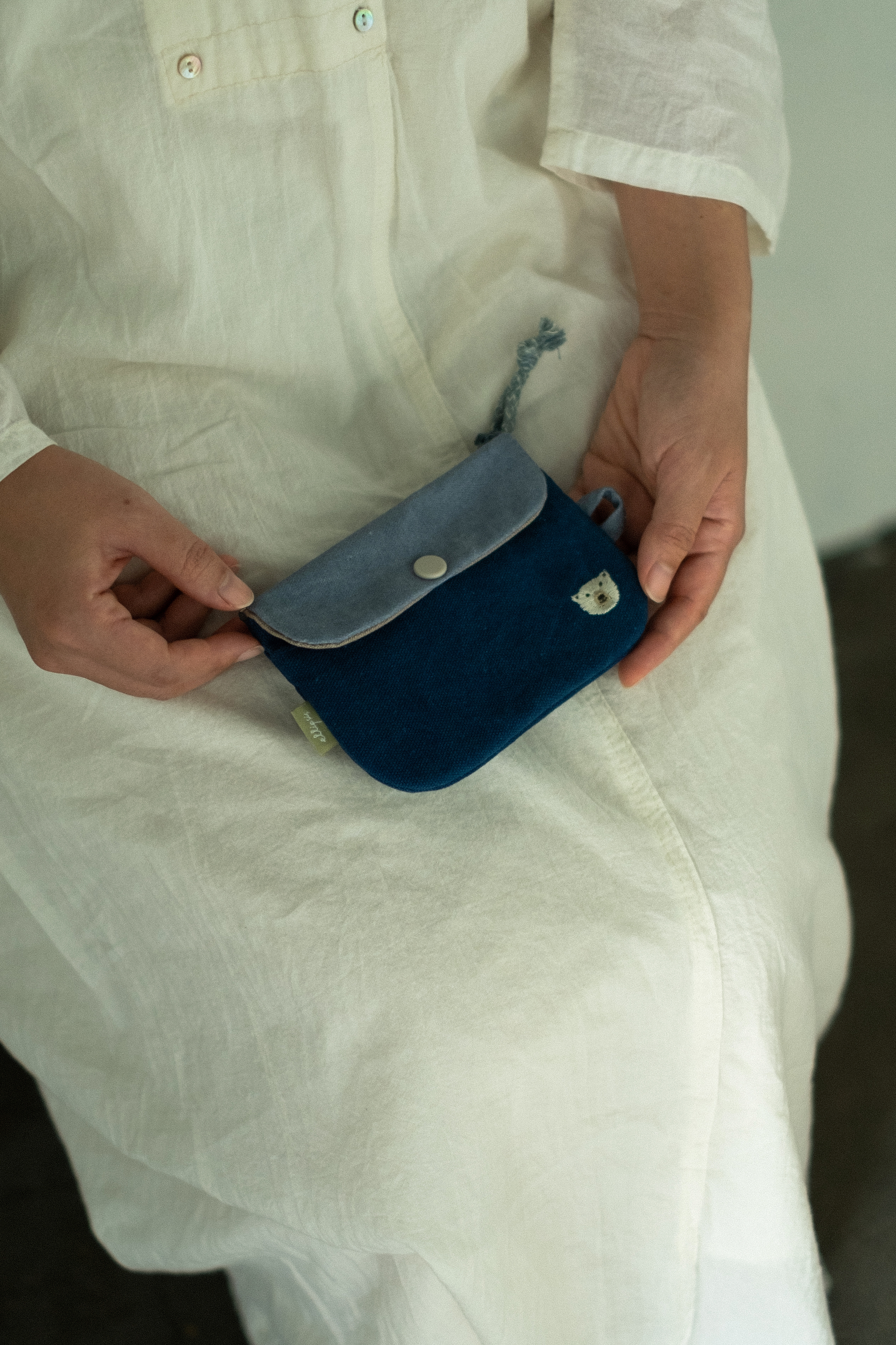 刺繡北極熊藍染雙層零錢包