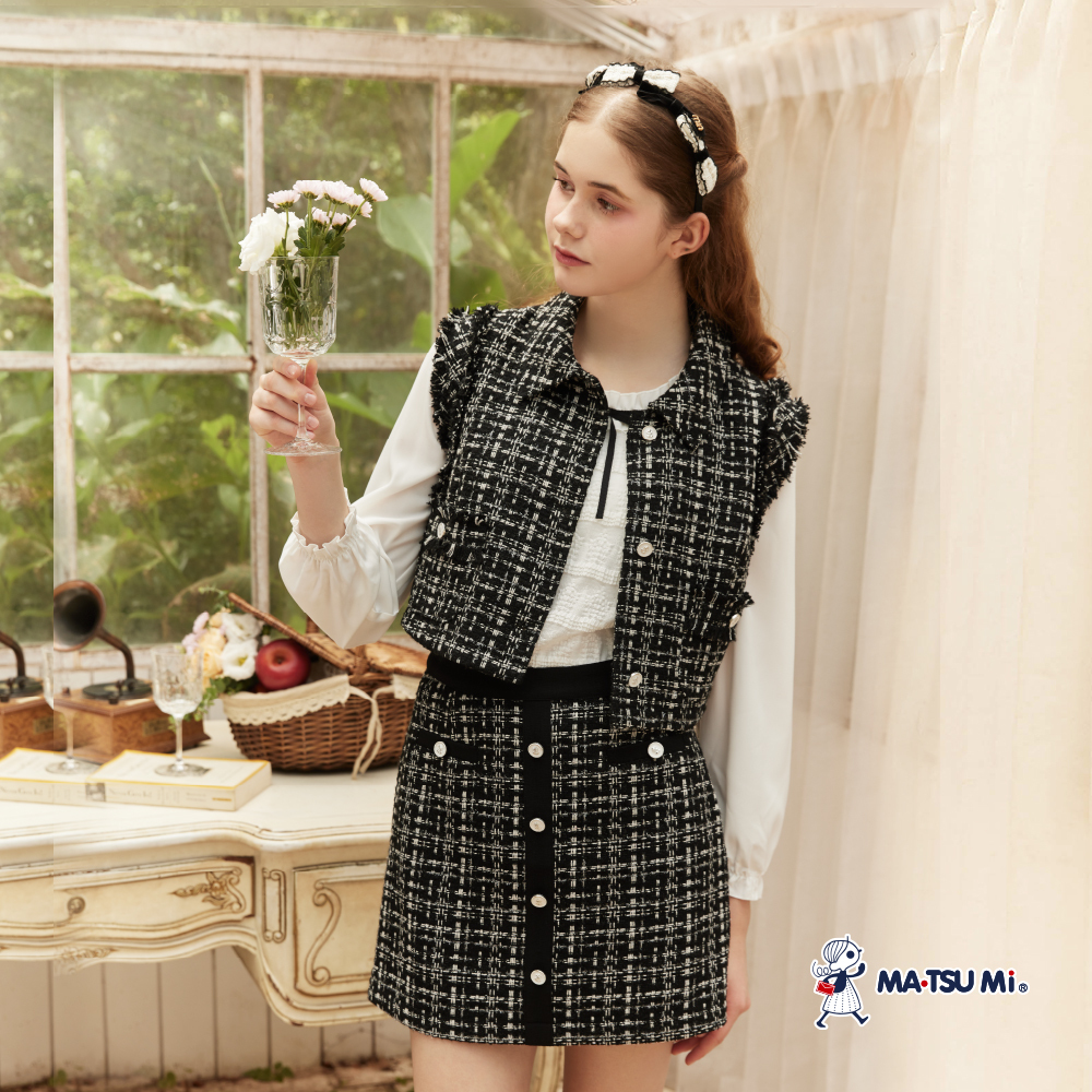 MA‧TSU Mi 高級感小香風粗花呢A字短裙(黑)
