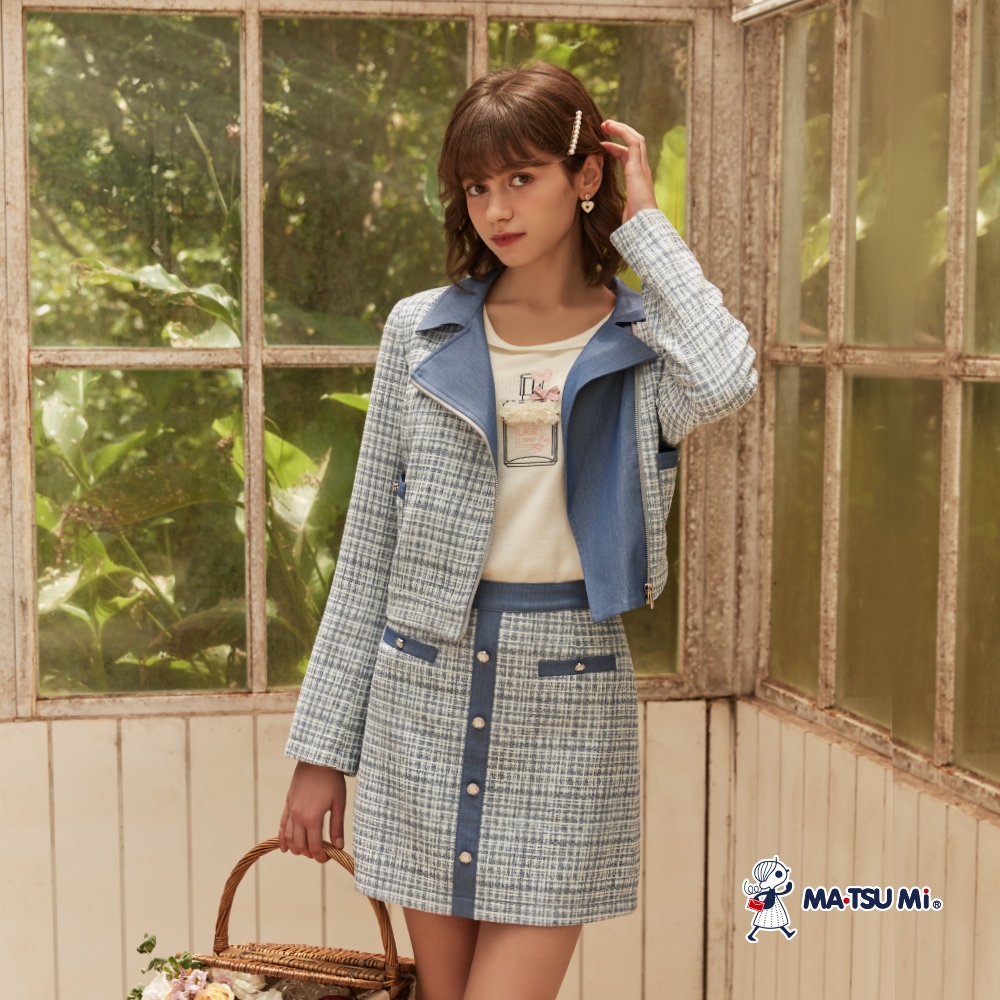 MA‧TSU Mi 小香風粗花呢拼接翻領拉鍊外套(水藍)