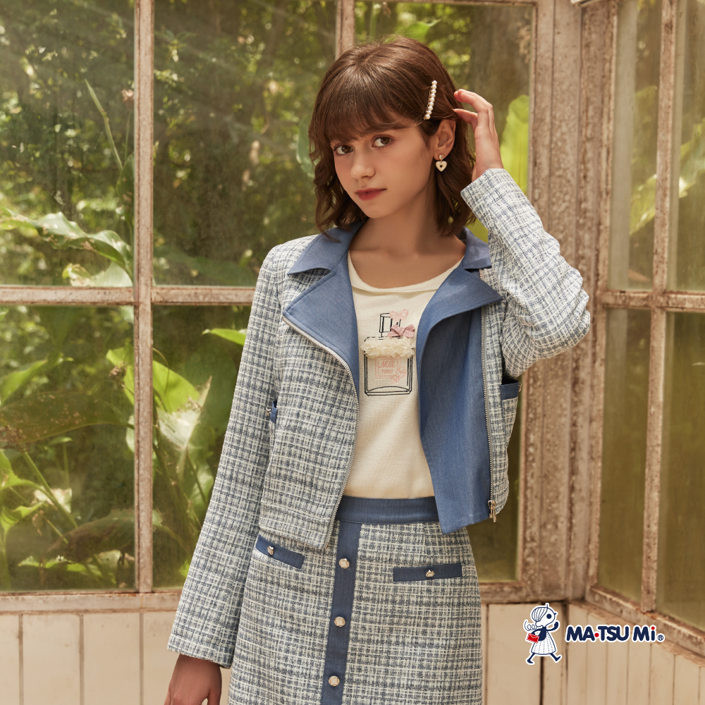 MA‧TSU Mi 小香風粗花呢拼接翻領拉鍊外套(水藍)