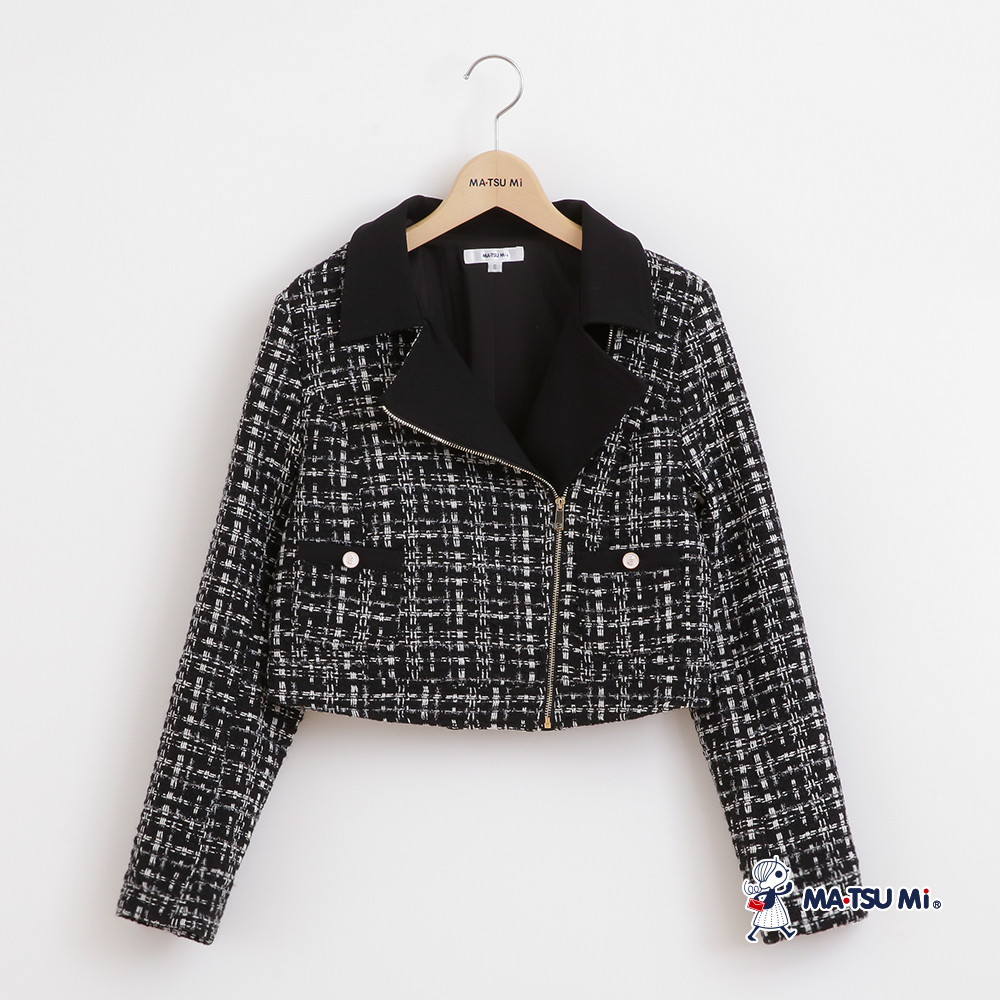 MA‧TSU Mi 小香風粗花呢拼接翻領拉鍊外套(黑)