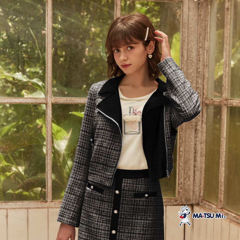 MA‧TSU Mi 小香風粗花呢拼接翻領拉鍊外套(黑)