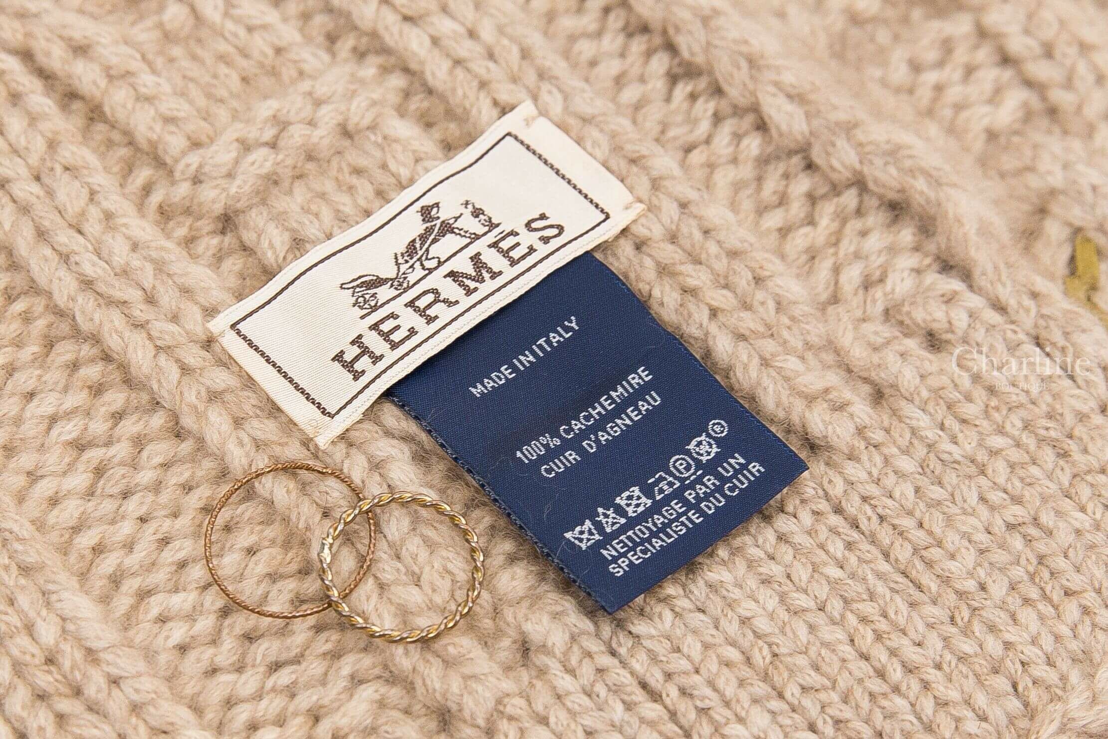Hermès Tri-Maillon Details Cuir Muffler 淺褐色豬鼻子針織六色皮革刺繡喀什米爾圍巾-Charline Boutique 精品代購
