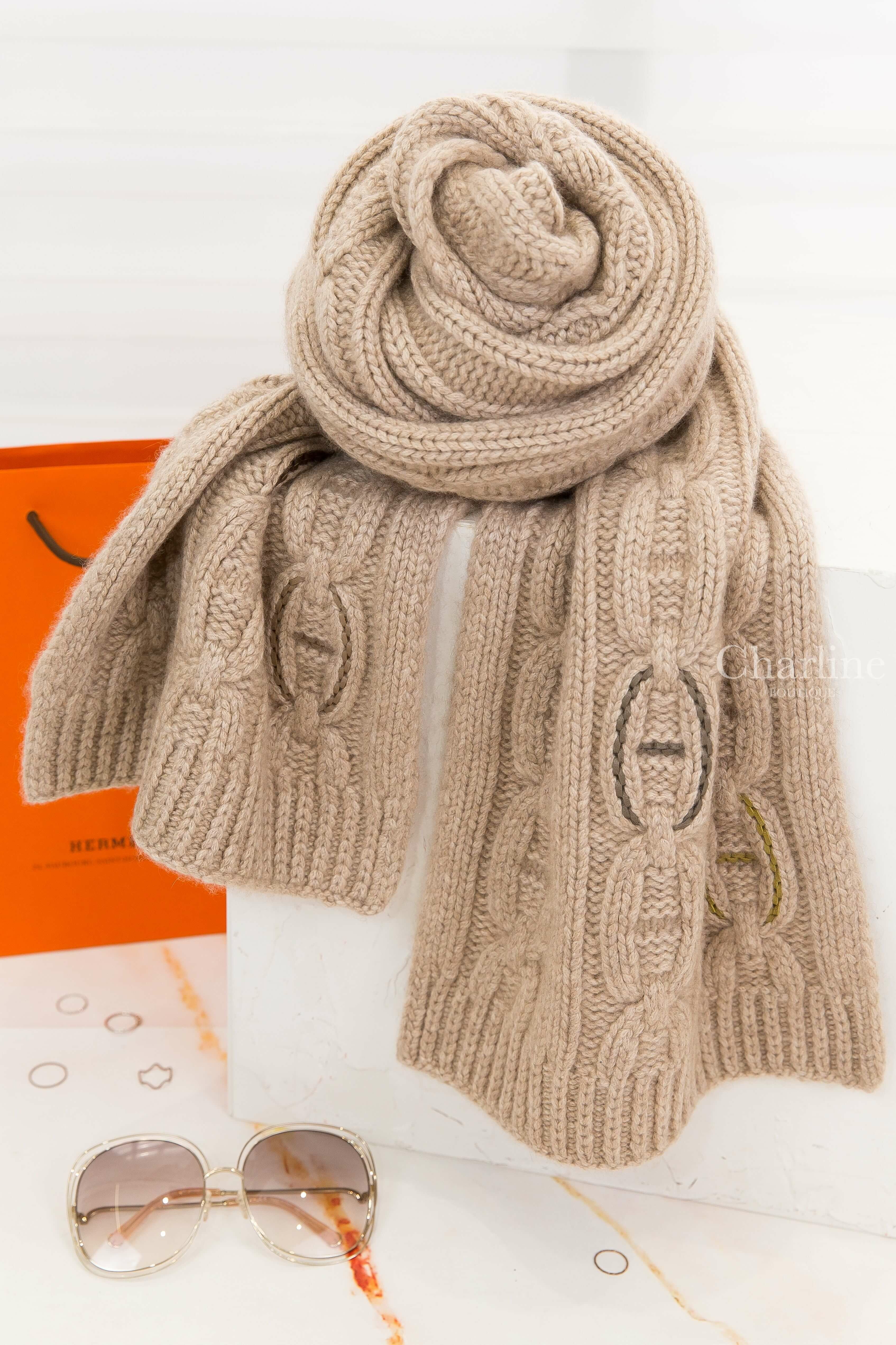 Hermès Tri-Maillon Details Cuir Muffler 淺褐色豬鼻子針織六色皮革刺繡喀什米爾圍巾