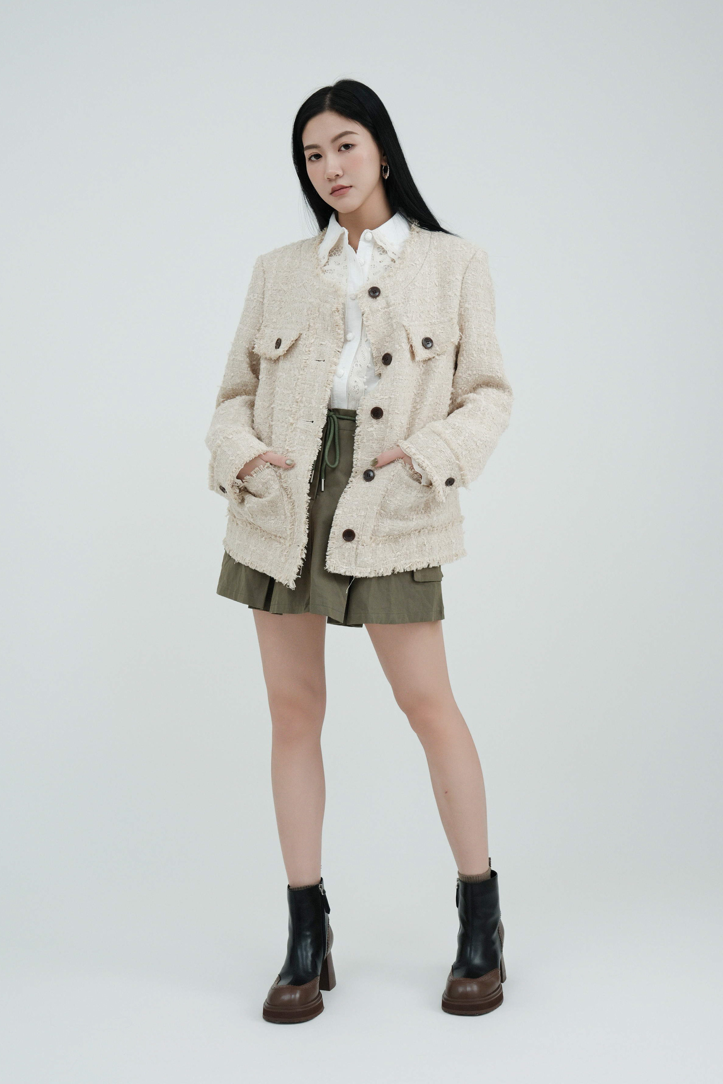 披邊oversize淨色tweed外套 (*現貨款式）