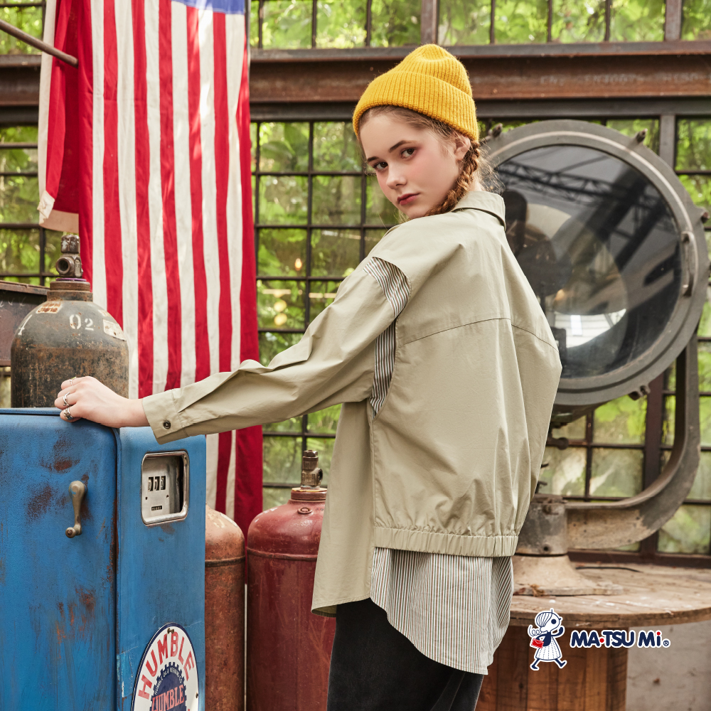 MA‧TSU Mi 休閒不對稱色塊拼接條紋襯衫(卡.墨綠)