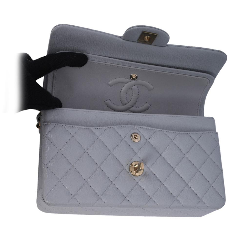 【CHANEL】淡金釦菱格紋牛皮23cm COCO包(灰色)A01113 B10583  NQ335