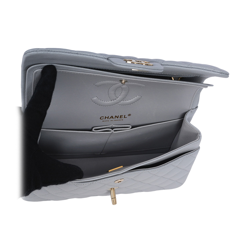 【CHANEL】淡金釦菱格紋牛皮23cm COCO包(灰色)A01113 B10583  NQ335