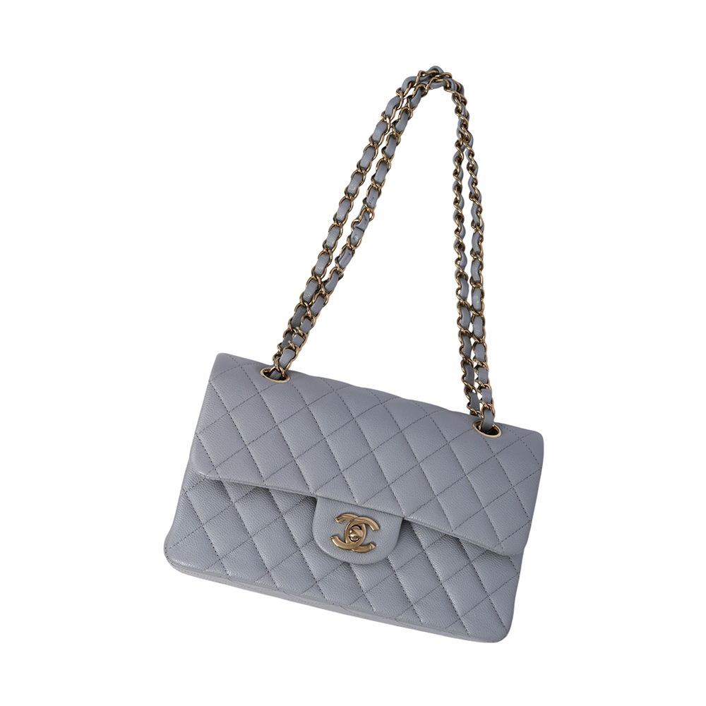 【CHANEL】淡金釦菱格紋牛皮23cm COCO包(灰色)A01113 B10583  NQ335