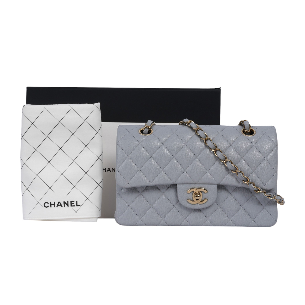 【CHANEL】淡金釦菱格紋牛皮23cm COCO包(灰色)A01113 B10583  NQ335