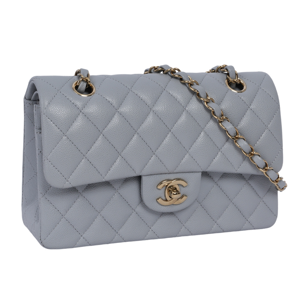 【CHANEL】淡金釦菱格紋牛皮23cm COCO包(灰色)A01113 B10583  NQ335