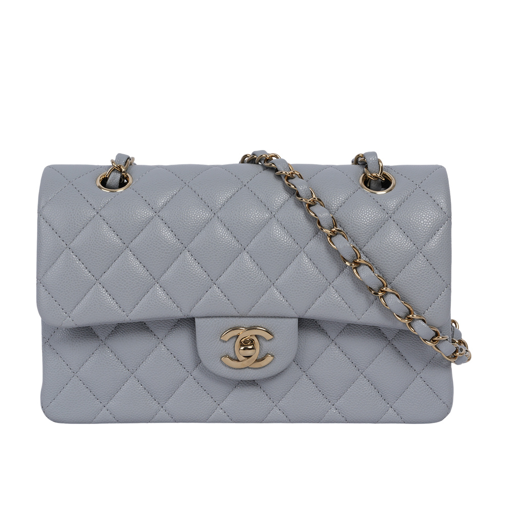 【CHANEL】淡金釦菱格紋牛皮23cm COCO包(灰色)A01113 B10583  NQ335