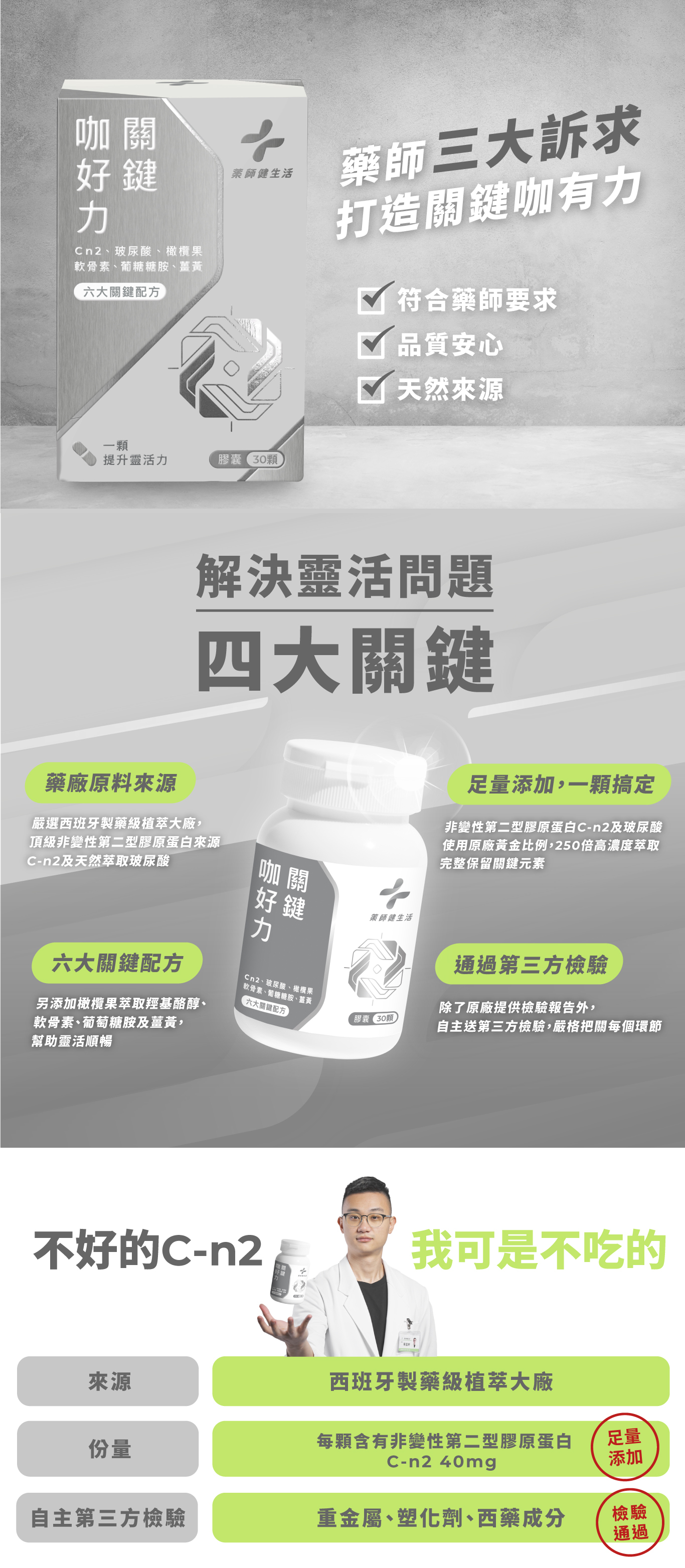 咖關好鍵藥師健生活、玻尿酸、橄欖果軟骨素、葡糖糖胺、薑黃六大關鍵配方一顆提升靈活膠囊30顆藥師 三大訴求打造關鍵咖有力符合藥師要求品質安心天然來源解決靈活問題四大關鍵藥廠原料來源嚴選西班牙製藥級植萃大廠,頂級非變性第二型膠原蛋白來源C-n及天然萃取玻尿酸咖關好鍵力薬師健生活六大關鍵配方另添加橄欖果萃取羥基酪醇、軟骨素、葡萄糖胺及薑黃,幫助靈活順暢足量添加,一顆搞定非變性第二型膠原蛋白C-n2及玻尿酸使用原廠黃金比例,250倍高濃度萃取完整保留關鍵元素、玻尿酸、橄欖果軟骨素、葡糖糖胺、薑黃六大關鍵配方膠囊30顆通過第三方檢驗除了原廠提供檢驗報告外,自主送第三方檢驗,嚴格把關每個環節不好的C-n2好2我可是不吃的來源西班牙製藥級植萃大廠份量每顆含有非變性第二型膠原蛋白C-n2 40mg足量添加自主第三方檢驗重金屬、塑化劑、西藥成分檢驗通過