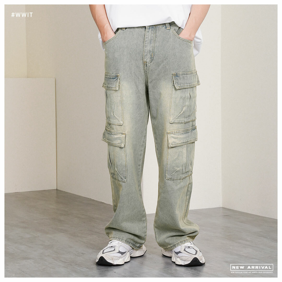 Jeans - 水洗復古 多口袋 牛仔工作褲