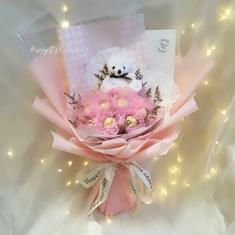 11朵金莎乾燥花蕾絲小熊花束