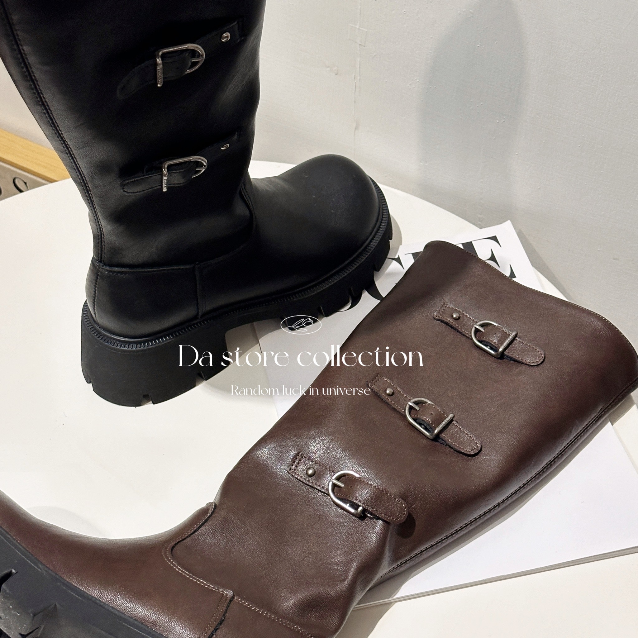 軟皮側扣增高長靴/二色