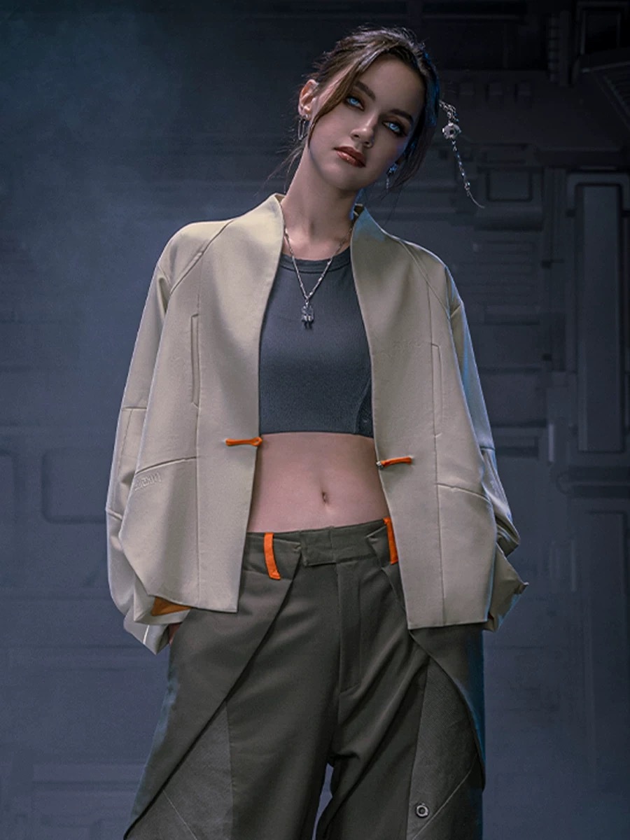 不作惡「無形唐裝」中國風賽博龐克麂皮絨新中式極簡短版唐裝外套