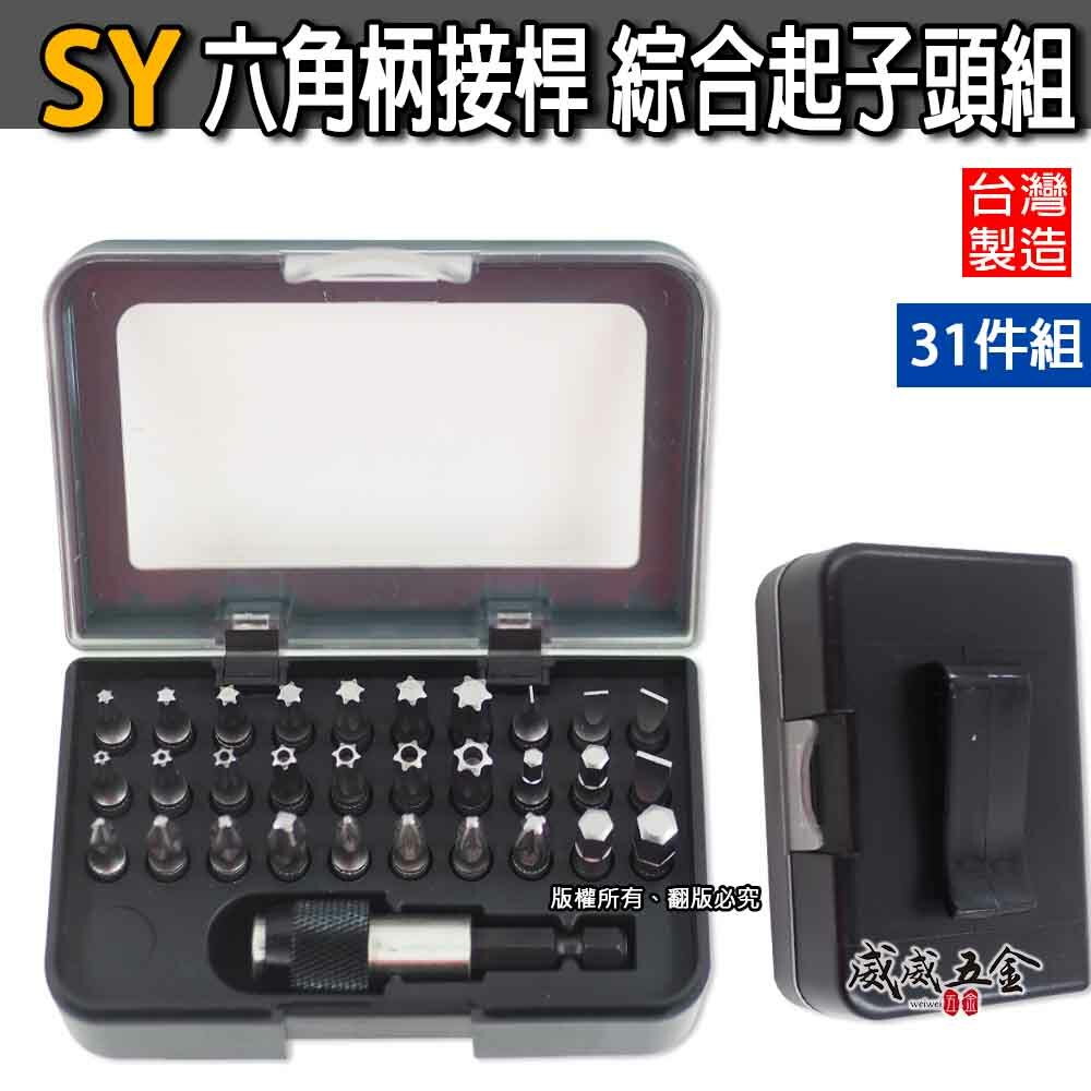 台灣製 SY｜黑色收納盒-附六角柄接桿 綜合起子頭 31件組｜十字起子頭 一字起子頭 星型起子頭 六角起子頭