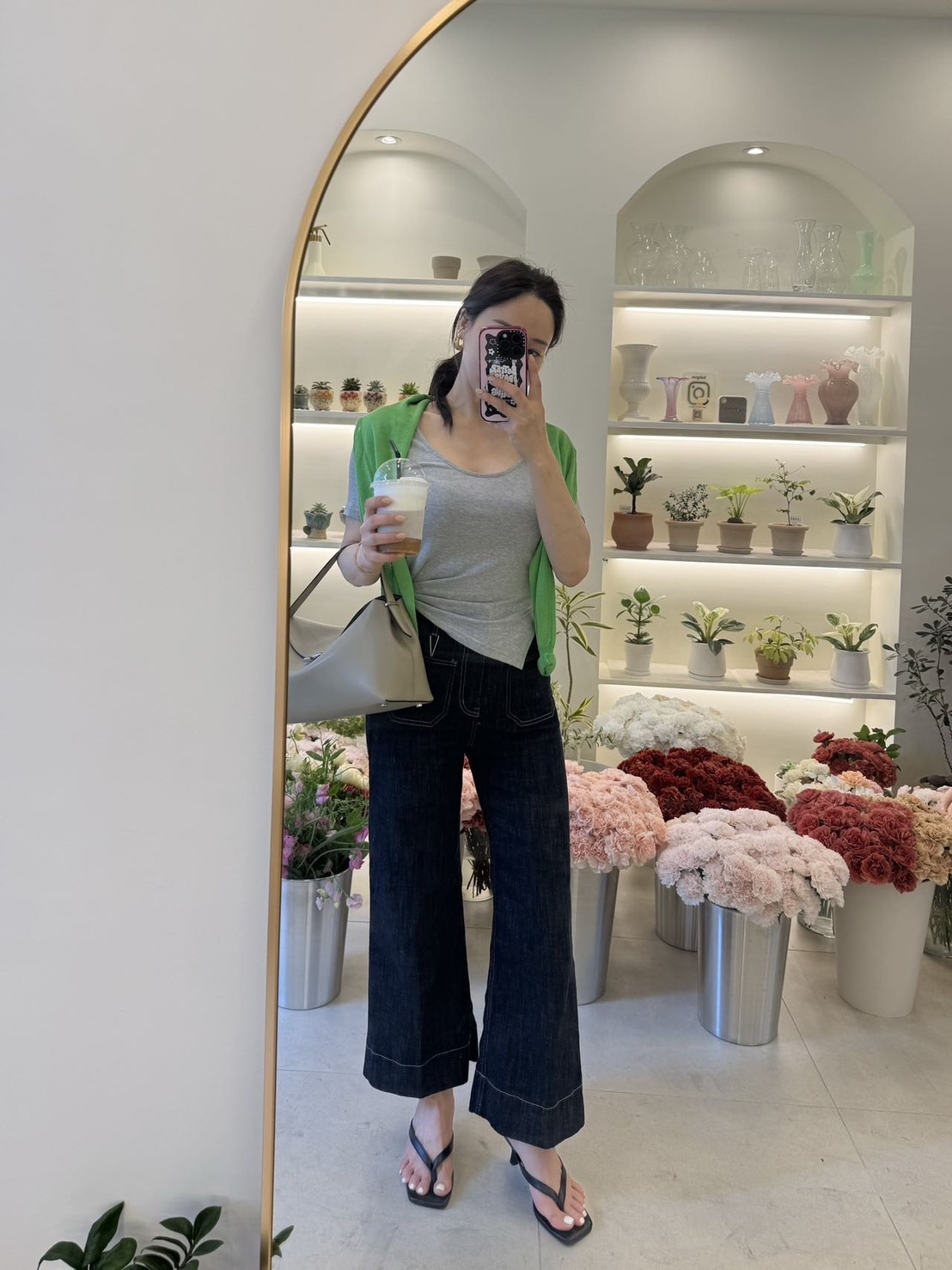 韓國丹寧雙口袋車線寬褲