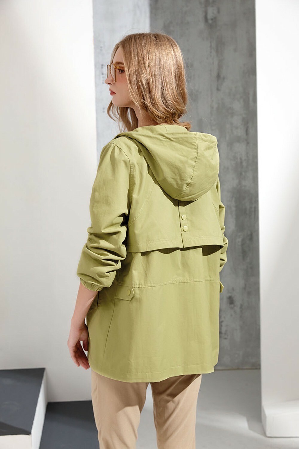 韓版OL時尚學院風造型連帽設計修身款風衣外套V6111