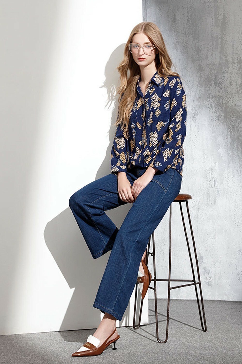 韓版幾何圖騰前短後長打摺造型修身顯瘦上衣V6081