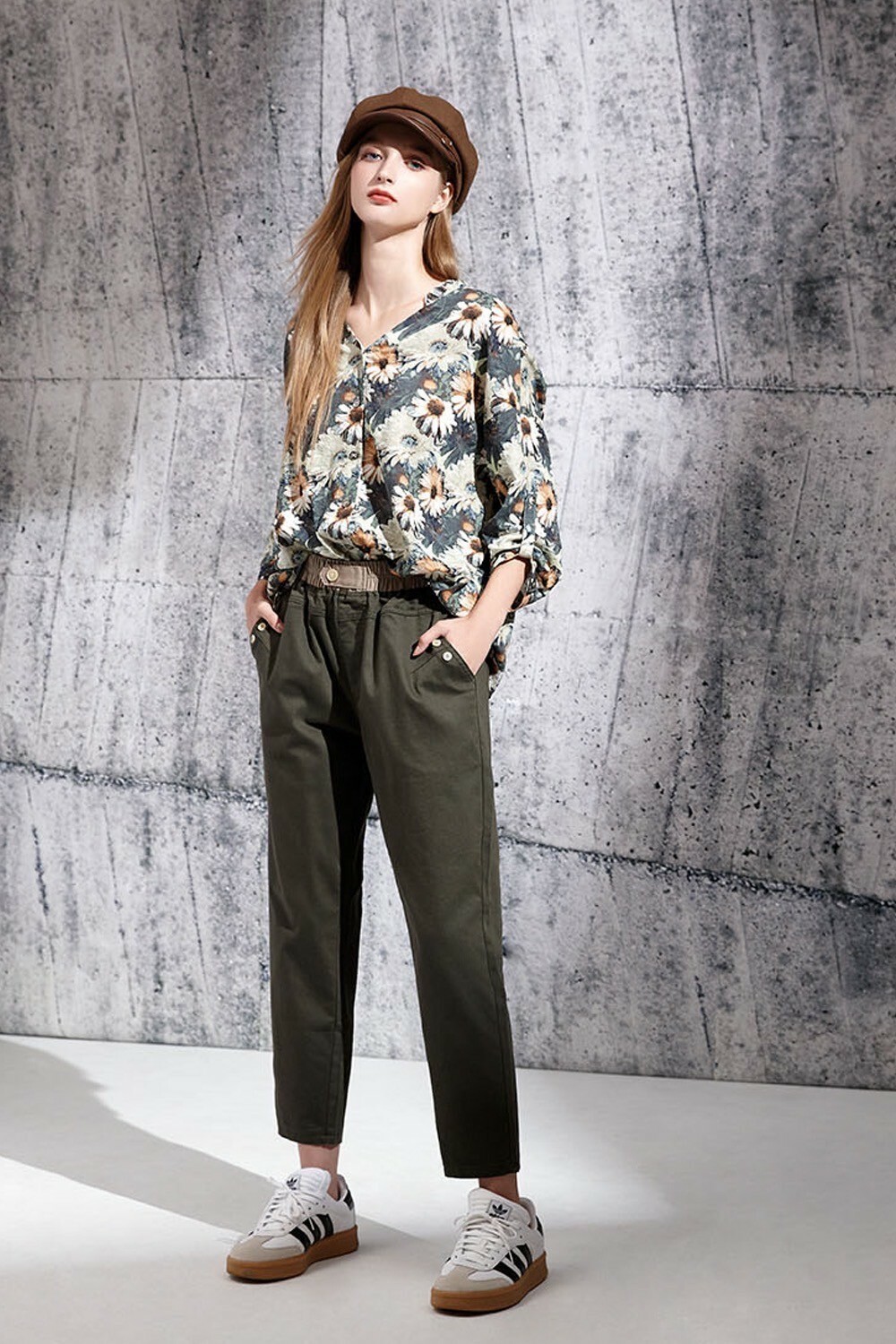 韓版休閒舒適棉質腰頭配色拼接造型闊腿長褲V6131