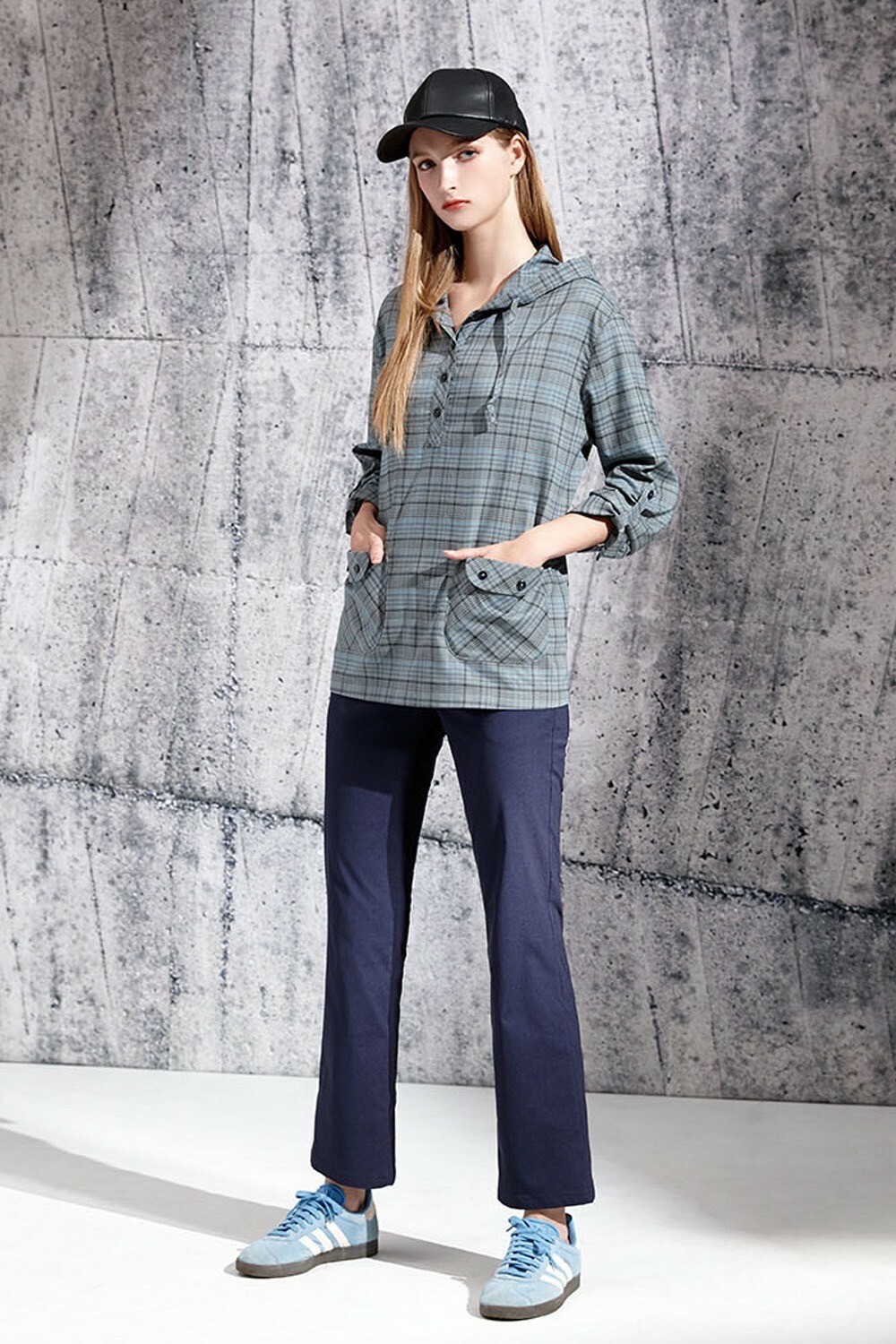 韓版學院風時尚色格紋口袋造型連帽修身上衣V6022