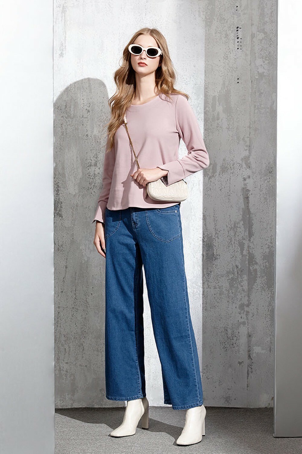 韓版雙貼口袋造型時尚闊腿修身牛仔長褲V6201