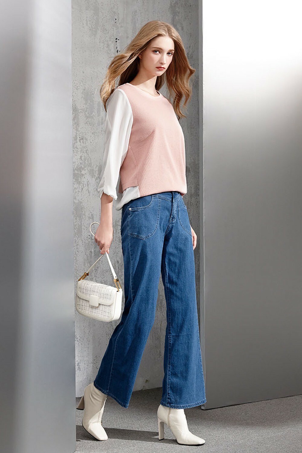 韓版雙貼口袋造型時尚闊腿修身牛仔長褲V6201