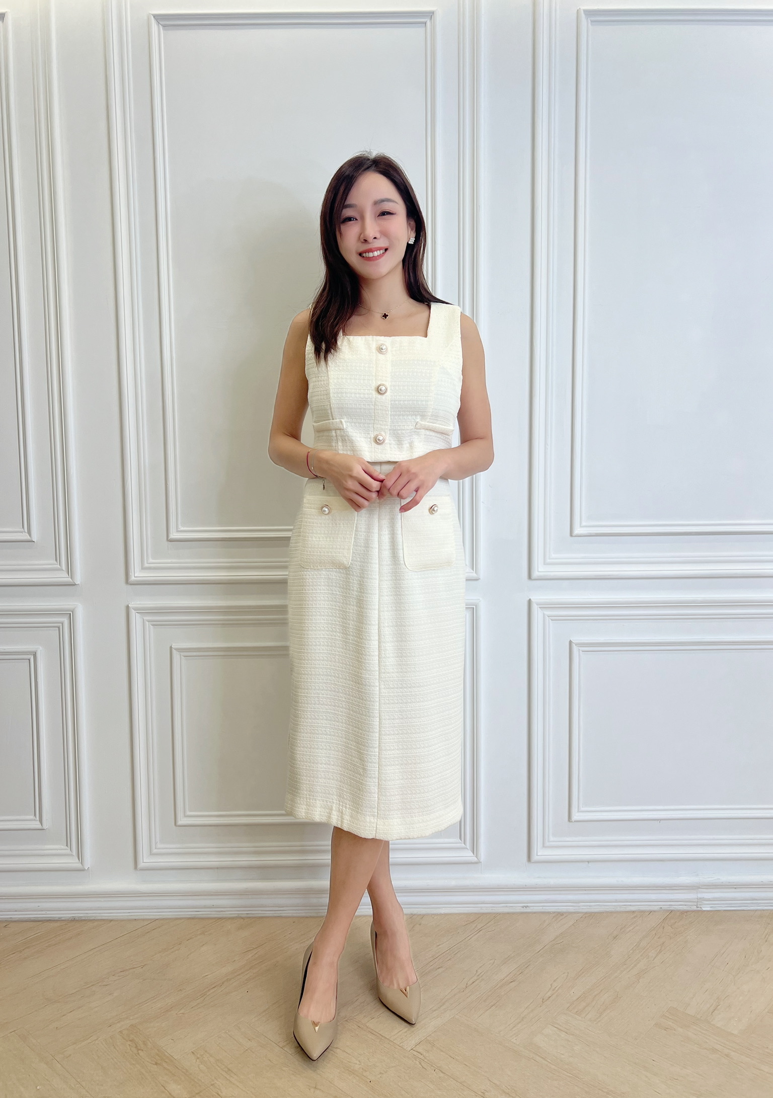 織紋珍珠釦背心長洋