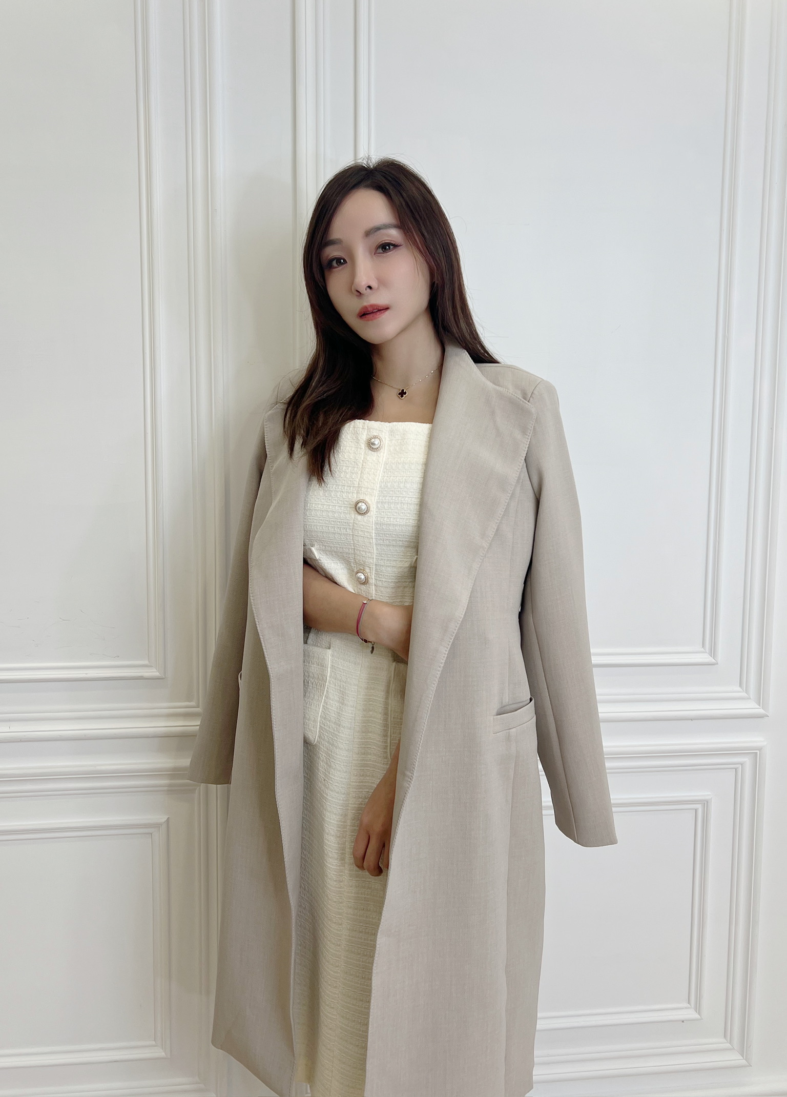 織紋珍珠釦背心長洋