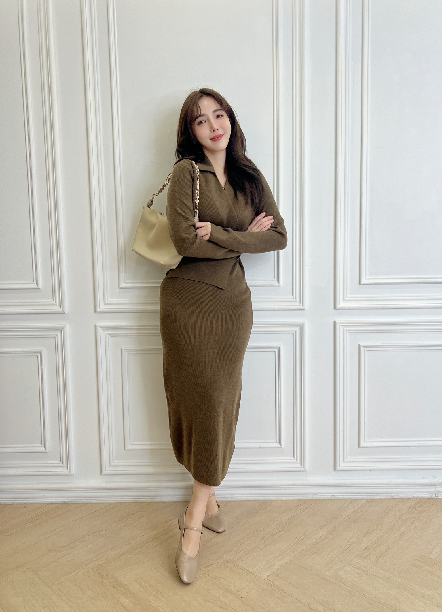 翻領針織側釦合身洋裝