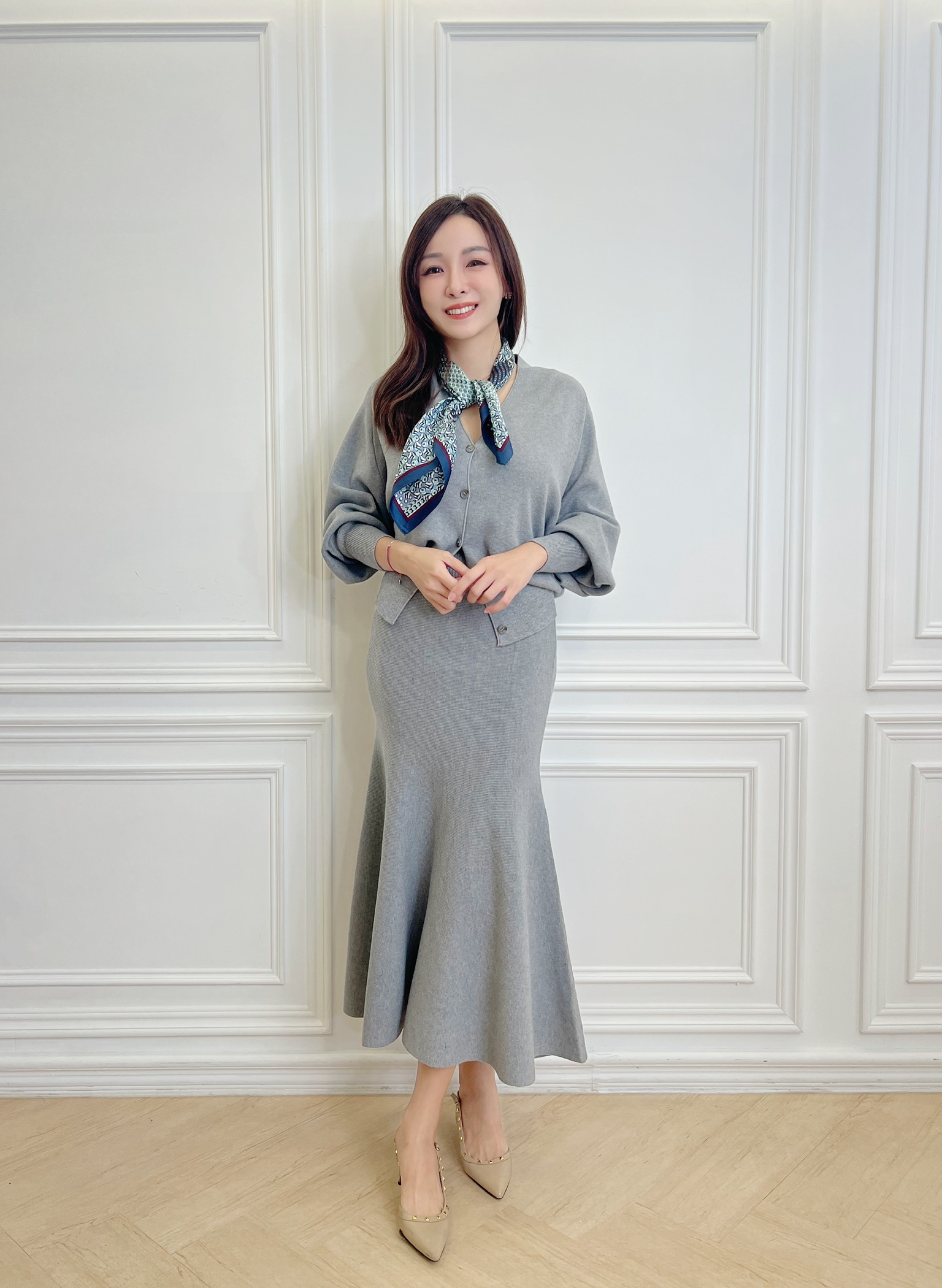 優雅針織開襟衫+魚尾裙套裝SET