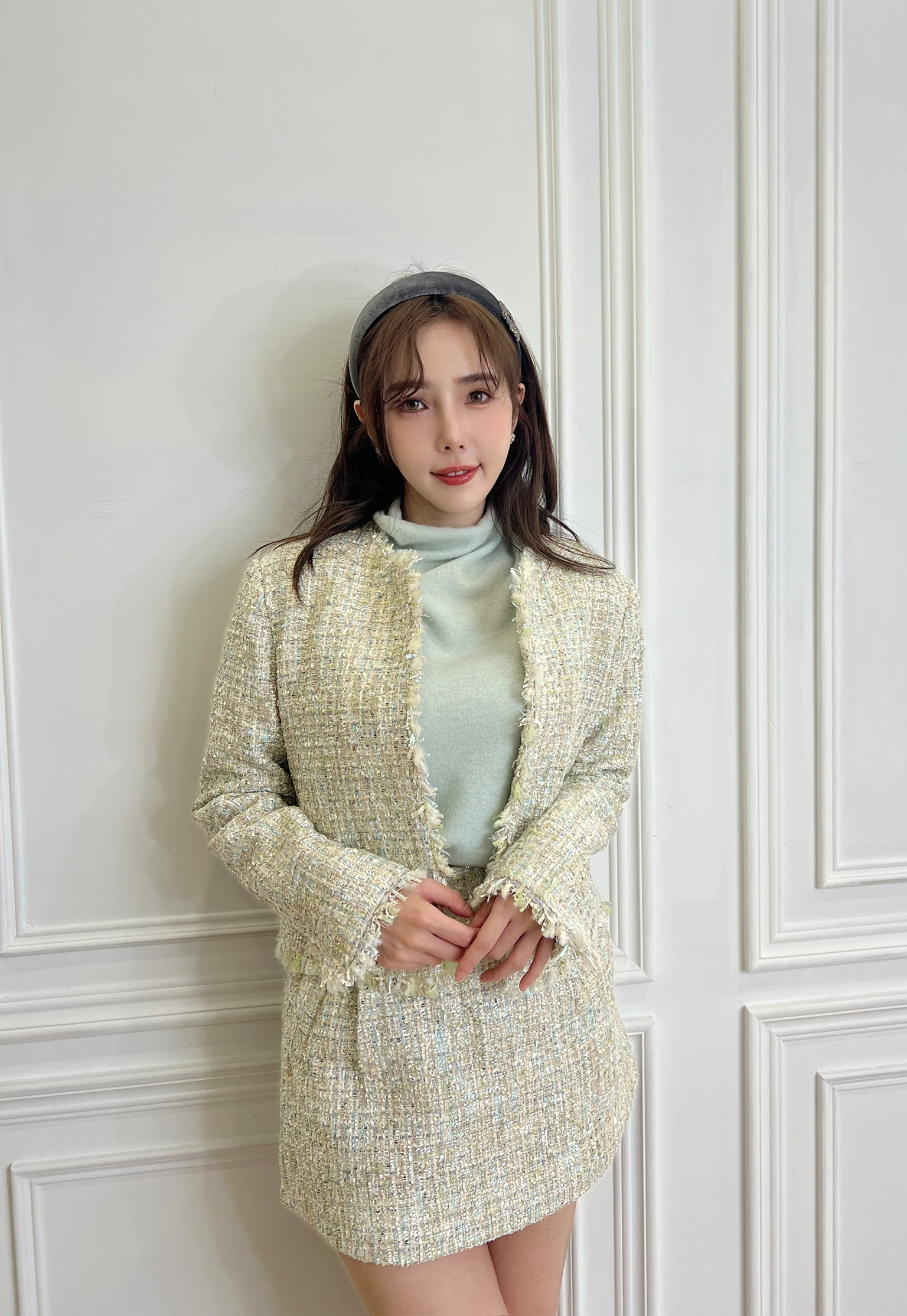 (絕美小香風)金蔥抽鬚短裙套裝