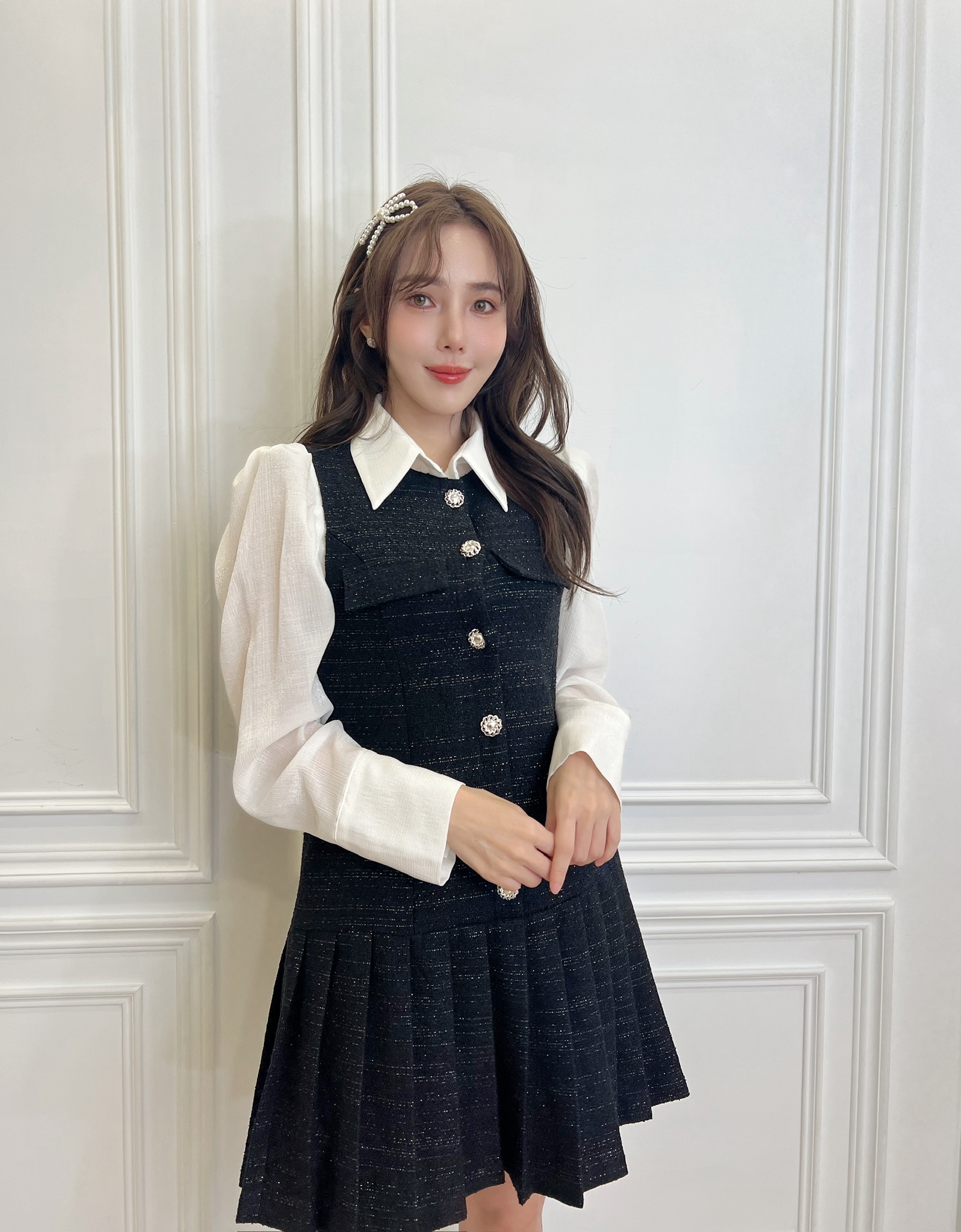 金蔥織紋珍珠釦百摺裙洋