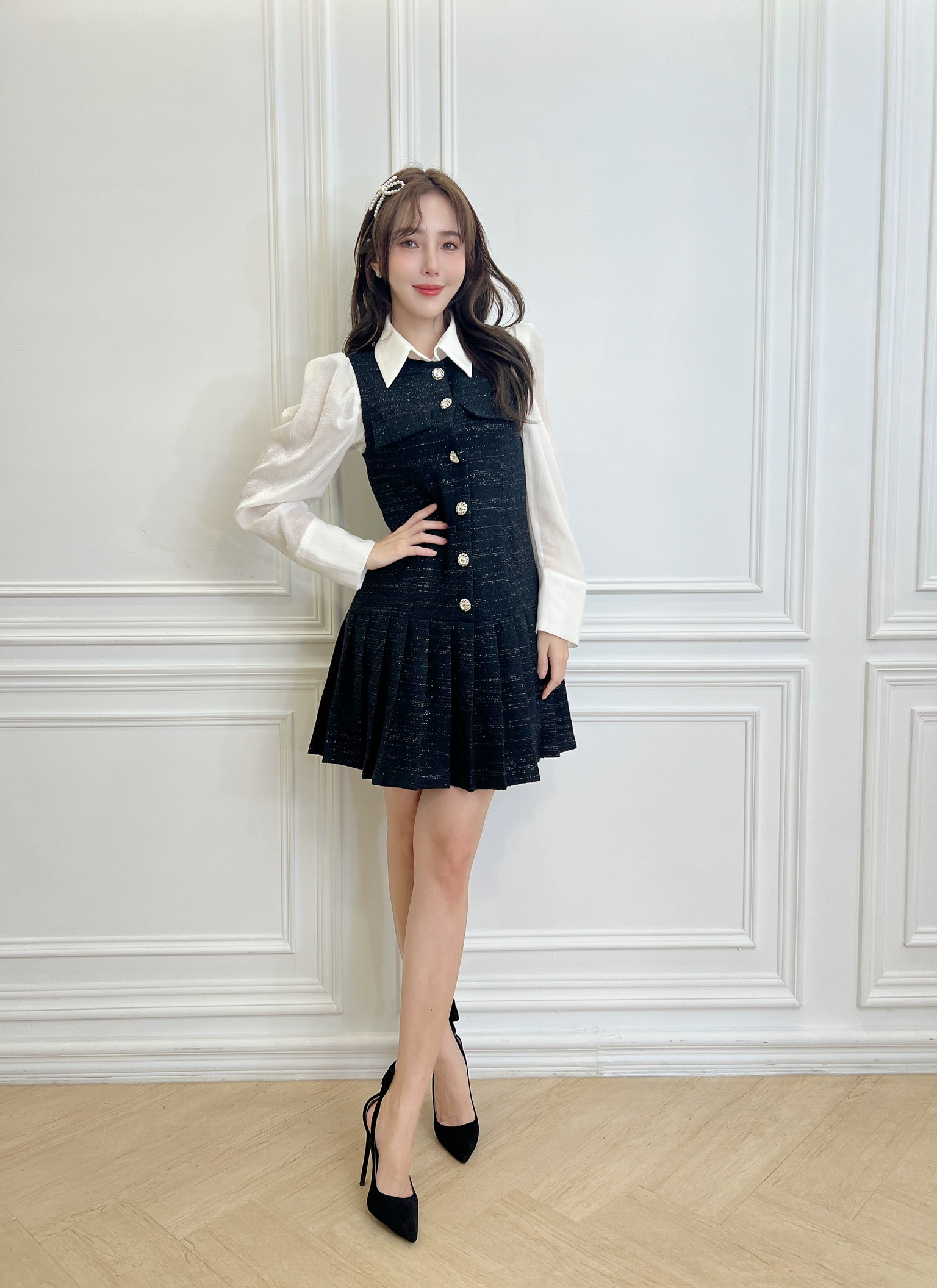 金蔥織紋珍珠釦百摺裙洋