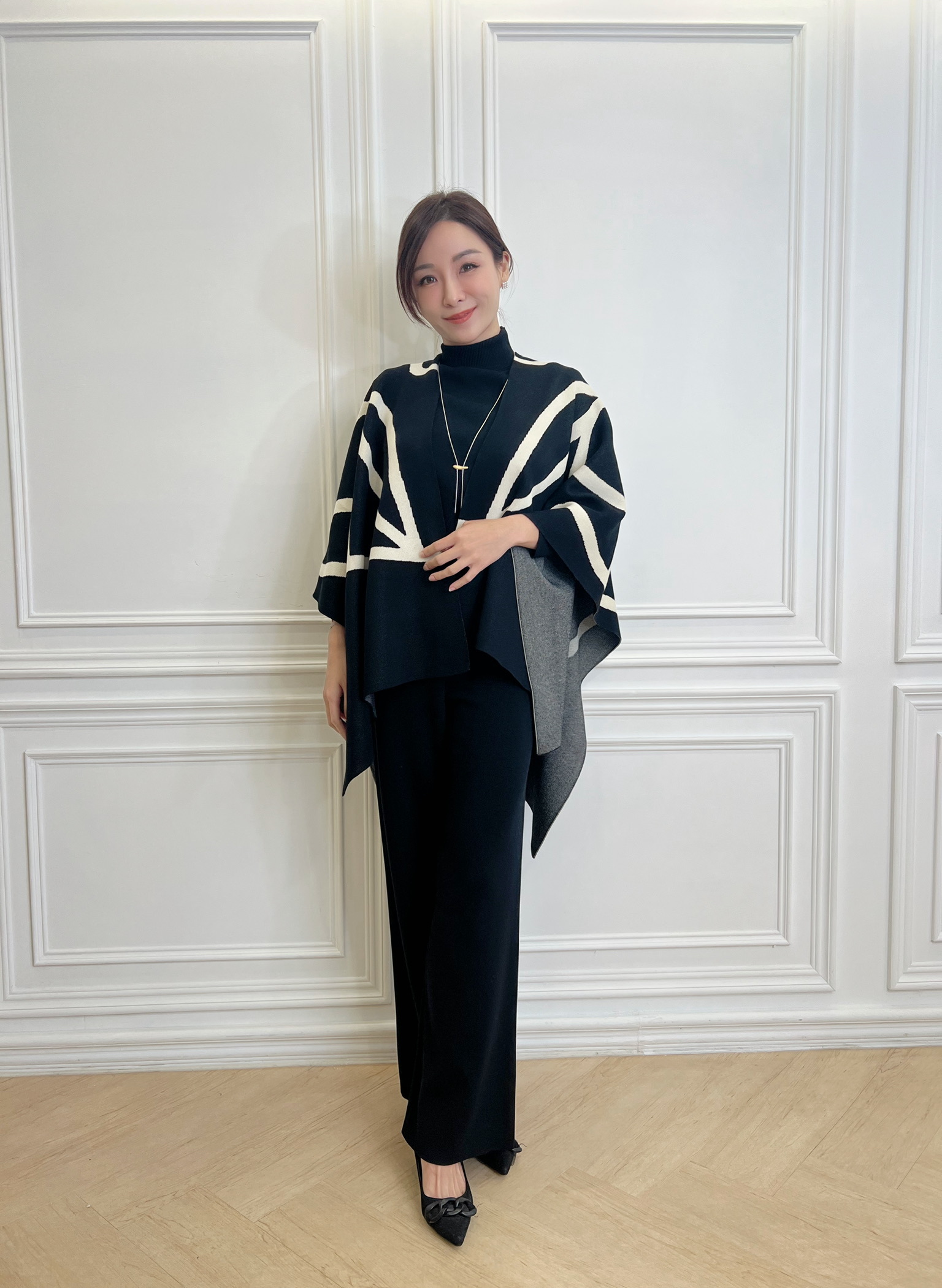 長袖針織線條披肩套裝 (3件組SET)