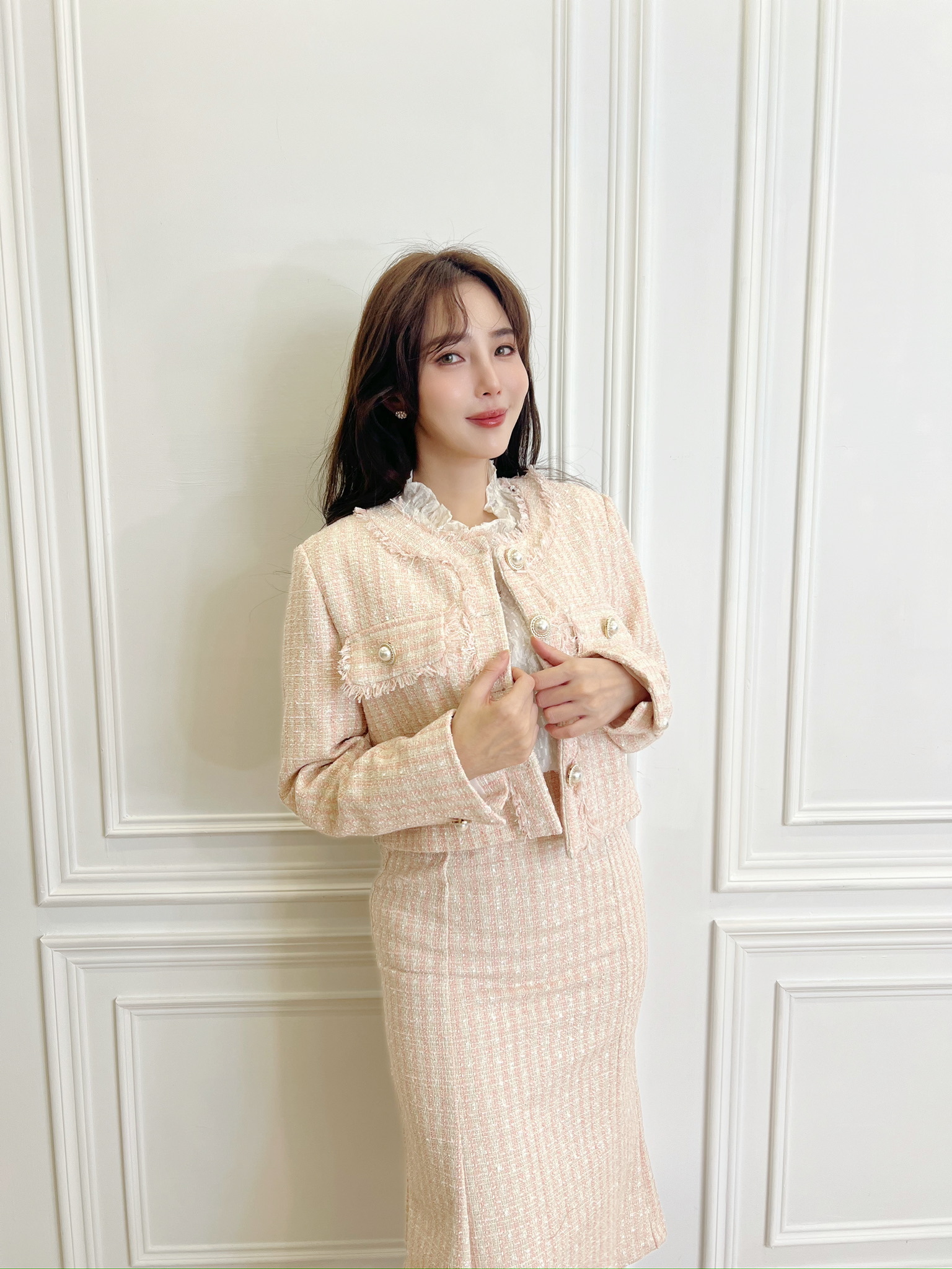 (絕美小香風)抽鬚珍珠外套魚尾裙套裝