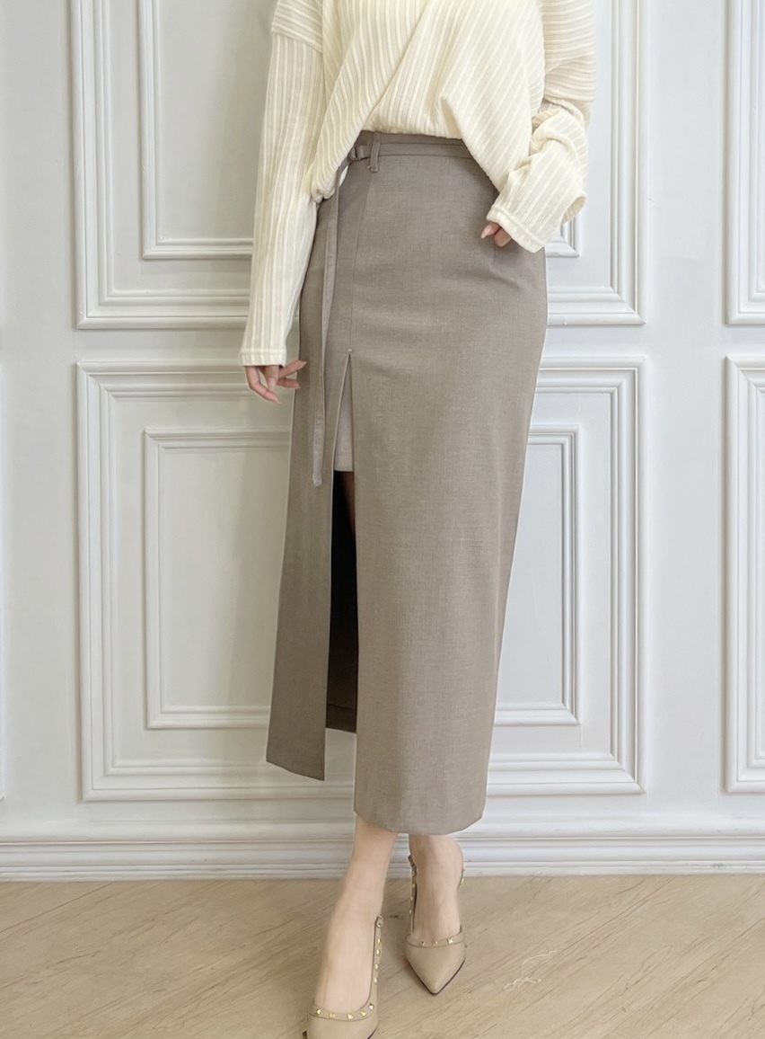 側開衩腰帶直筒長裙