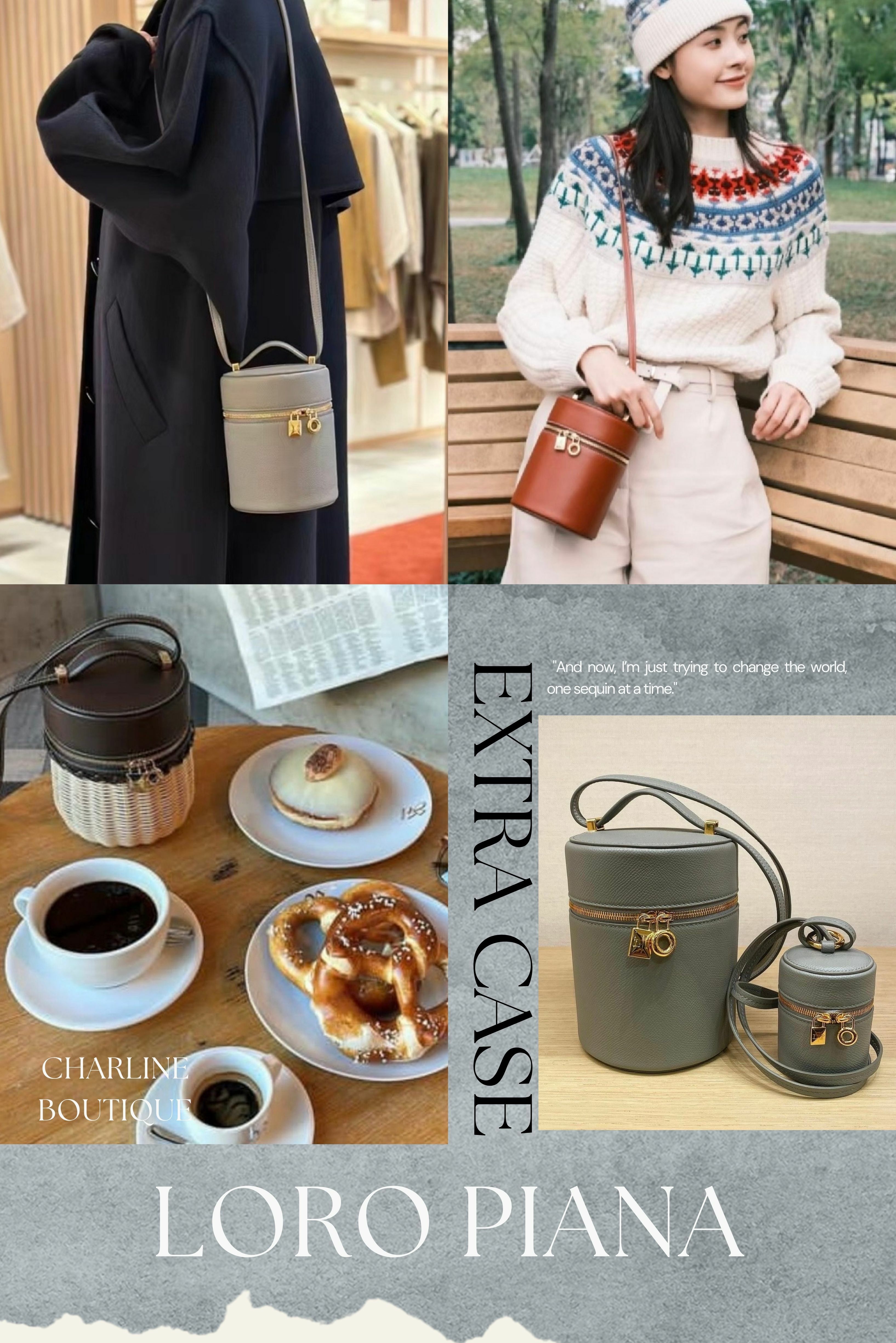 Loro Piana Extra Case   最後一款要介紹的是從Extra Bag 系列延伸出的Extra Case。這款包尺寸共有兩個！其中的一款迷你尺寸的Extra Case Mini，真的超小的只有6 x 9 cm左右，大概就跟手掌一樣的大小而已，迷你尺寸除了裝小東西很適合外，拿來當掛飾肯定也是一個超吸睛的單品唷！再來是大一點的Extra Case Medium尺寸約為 12 x 16 cm，無論哪一個尺寸整體都呈現圓潤的盒型設計，配有經典寬口開合，包身上掛著兩個標誌性鎖頭，設計相當精緻。別看這個款式外觀小巧，實際容量卻不小！橫向拉鍊設計更是方便拿取物品，不用擔心手會被卡住，更配有可變換背法的雙向肩帶，日常可輕鬆斜背，展現優雅可愛的風格，切換為單肩或斜背時，則更顯隨性俏皮，讓您輕鬆解放雙手。整體來說，Extra Case 絕對是盒型包款中非常出色的選擇之一唷！
