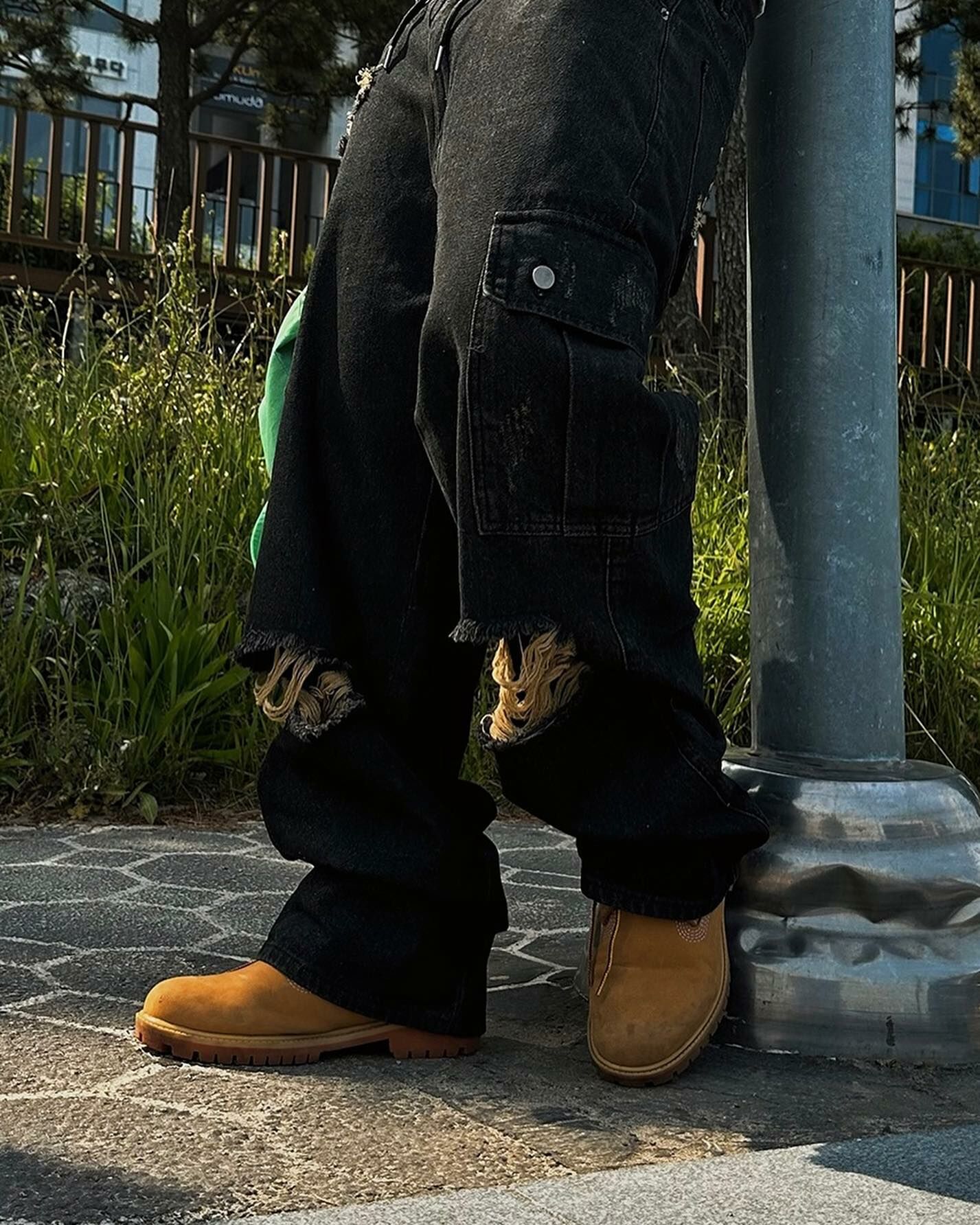 破壞設計工裝寬牛仔褲